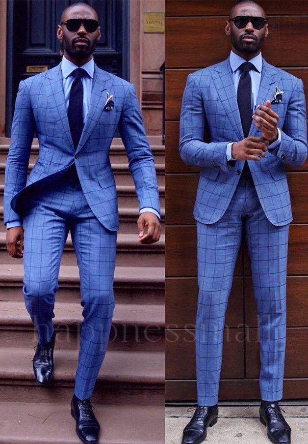 Kairo Popular Blue Plaid Two-Piece Formal Business Mens Suit With Peaked Lapel