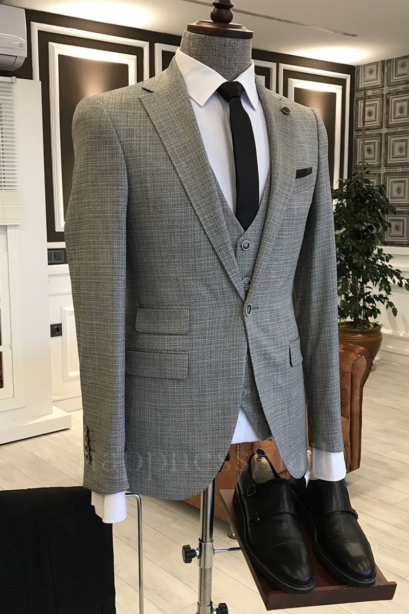 Livia Gray Small Plaid Notched Lapel  3-Pieces Men'S Business Suit