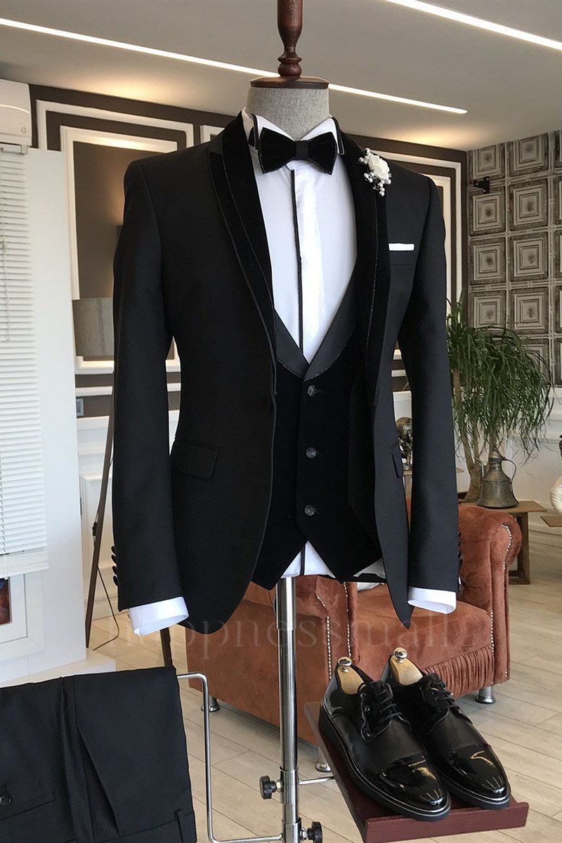 Ioanna Classic Black Shawl Lapel Slim Fit 3-pieces wedding tuxedos For Grooms