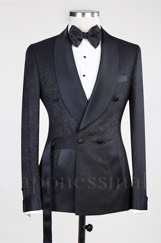 Fashion Black Double Breasted Shawl Lapel Jacuqard Wedding Suit With Belt