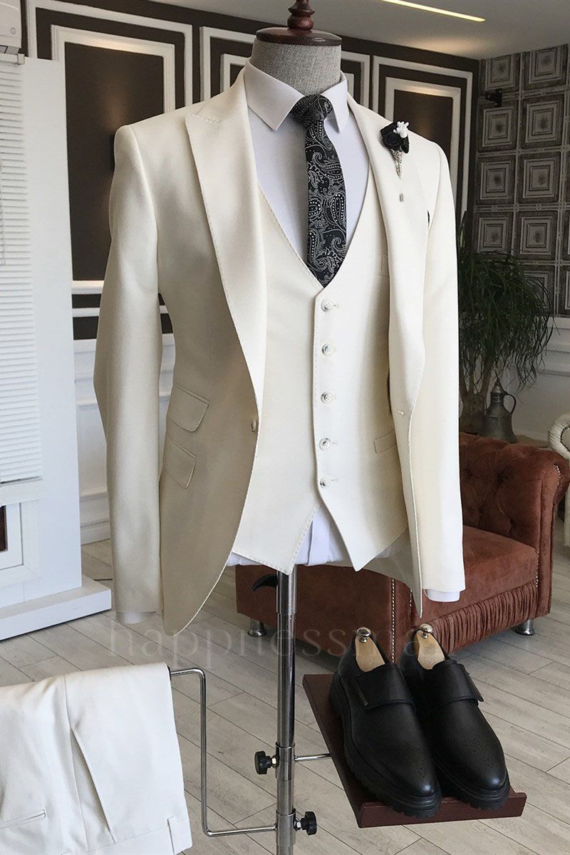 Abigail Newest All White Peaked Lapel Slim Fit Three-Pieces Business Suits For Men