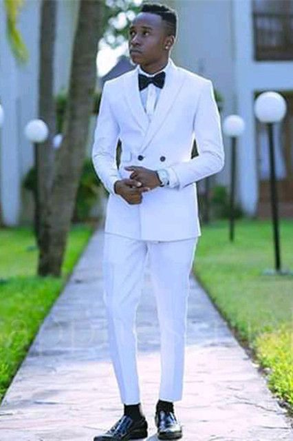 Happnessmall Classic White Double Breasted Peaked Lapel Prom Suits For Men