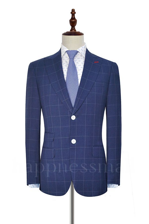 Happ Navy Blue Two Buttons Check Pattern Peak Lapel Business Suits for Men