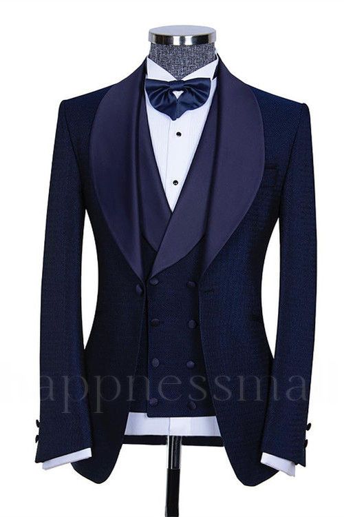 Andrew Newest Dark Navy Three Pieces Slim Fit Shawl Lapel Wedding Suits for Men