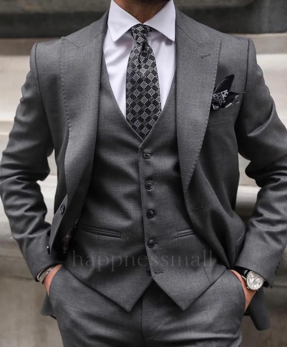 Best New Gray 3 Pieces Peak Lapel Men Suits | Happnessmall