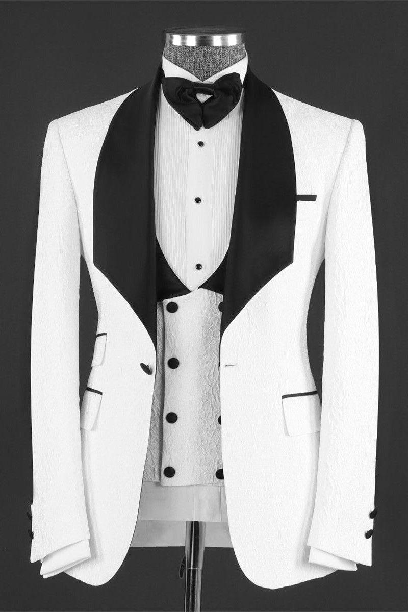 Chic White Three Pieces Shawl Lapel Jacquard Wedding Suits | Happnessmall