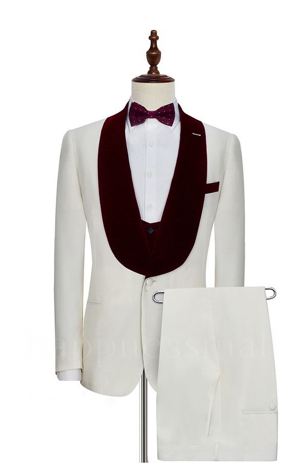 Sullivan Velvet Shawl Collar White Three Piece Wedding Tuxedos with Burgundy Vest