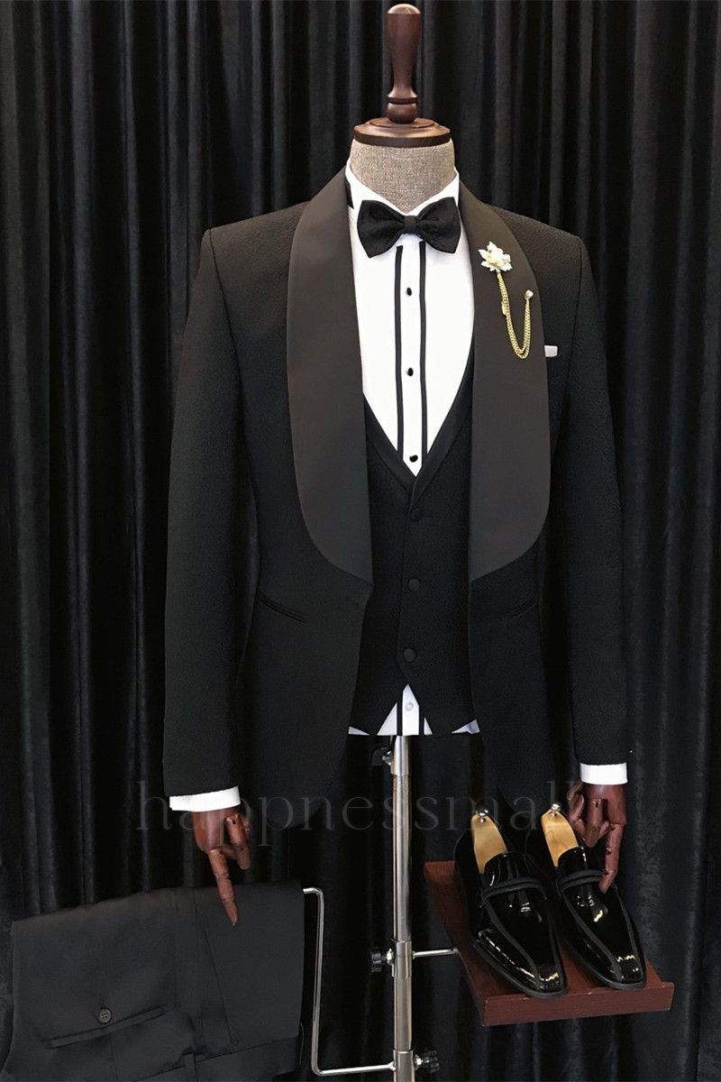 Stylish Black Three Pieces Shawl Lapel Wedding Men suits | happnessmall