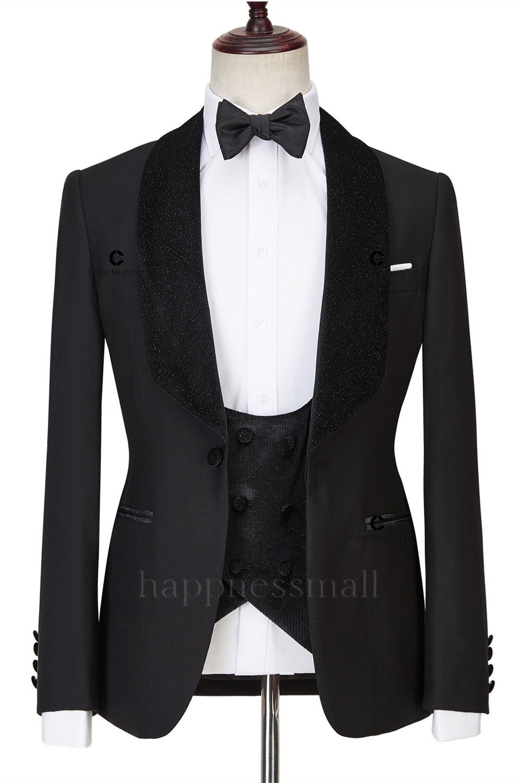 Modern  Black  Shawl Lapel Sparkle Three Pieces Men Wedding Suits | Happnessmall