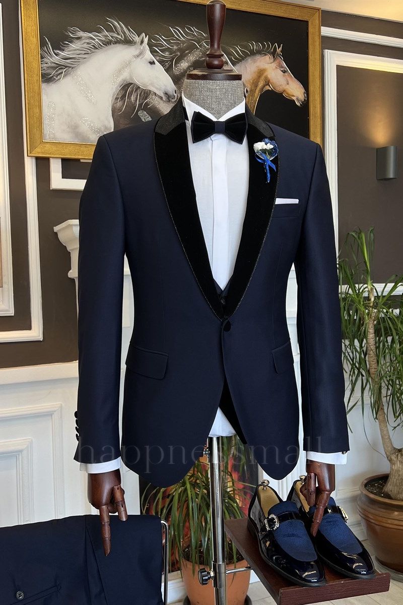 Modern Dark Blue Splicing Shawl Lapel Three Pieces Men Suits | Happnessmall