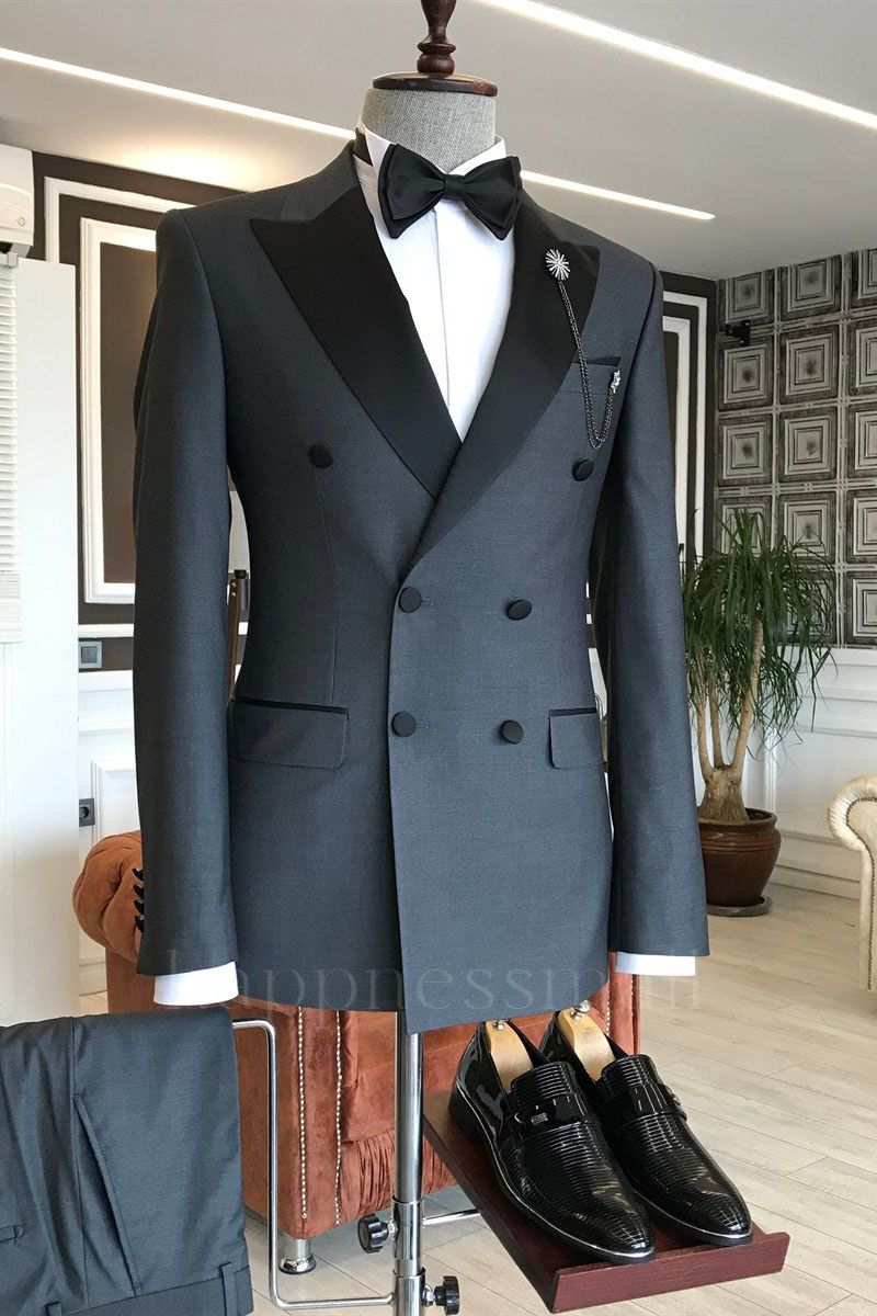 Sophia Classic Black Peaked Lapel Double Breasted Business Men Suits