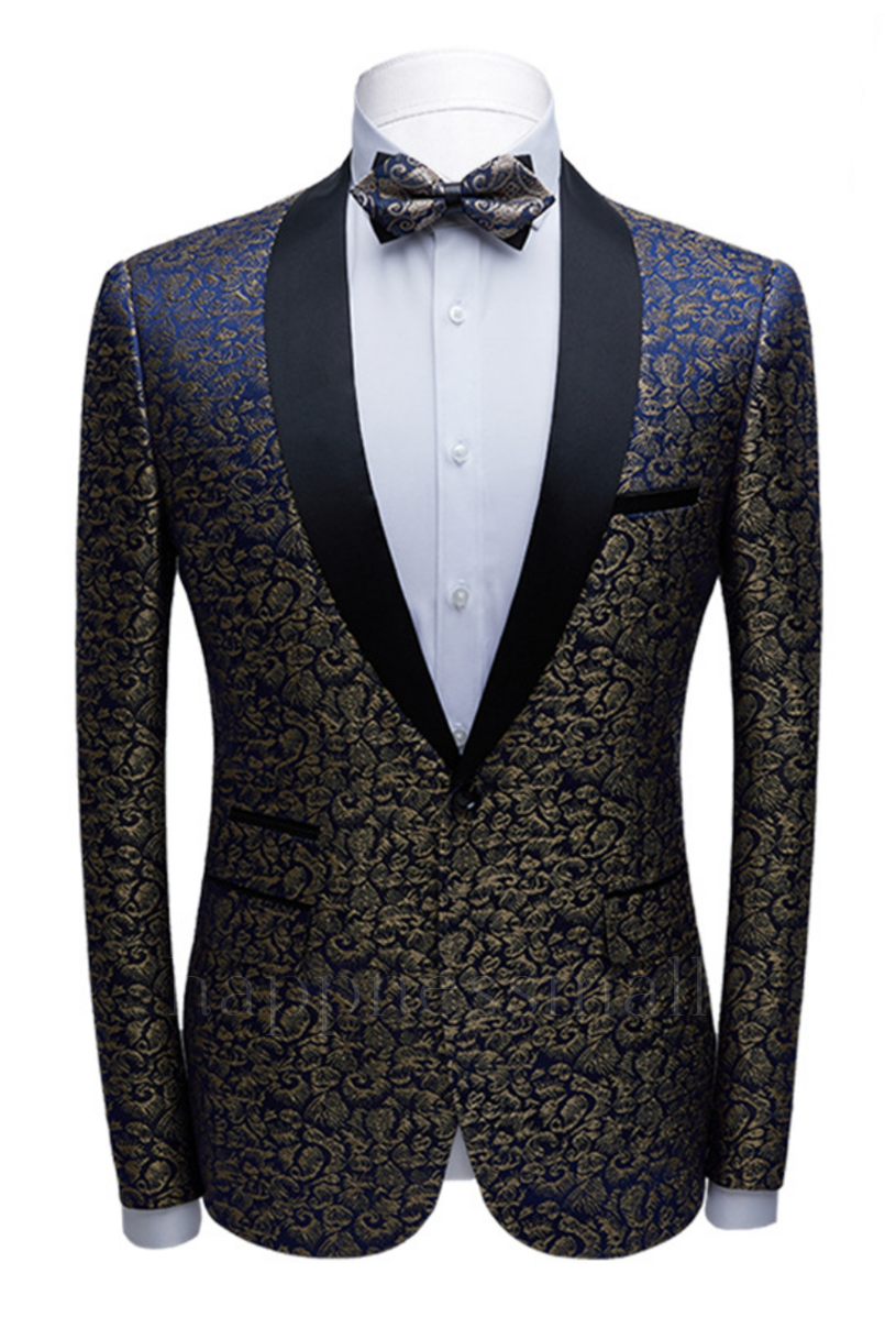 Popular Black Satin Shawl Lapel Wedding Tuxedos | Gold Jacquard Blue Mens Prom Suits