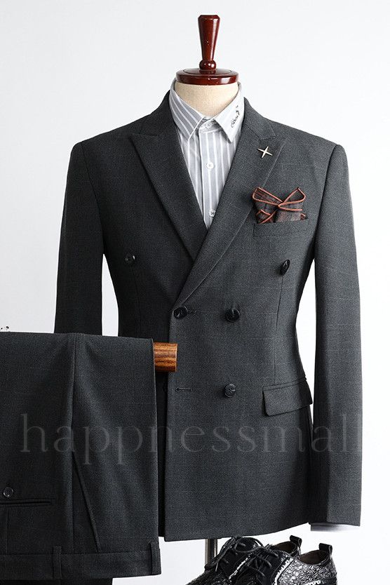 Modern Black Pliad Double Breasted Two Pieces Peaked Lapel Men Suits | happnessmall