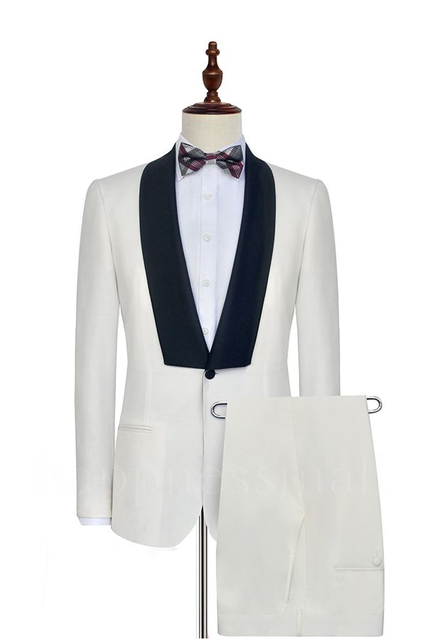 Finnegan Black Knife Collar Classic White Wedding Tuxedos | One Button Wedding Suits for Men