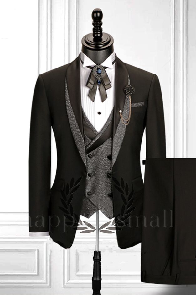 Popular Shawl Lapel Black 3 Piece Men's Suit with Double for Wedding | Prom