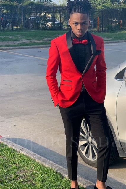 Best Fitted Red One Button Prom Men Suits with Black Shawl Lapel | Happnessmall