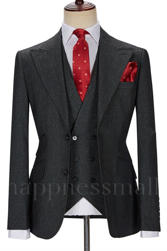 New Black Bespoke Peaked Lapel Three Pieces Formal Business Suits