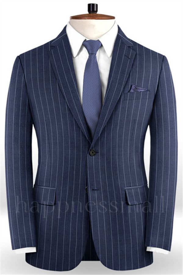 Latest Design Dark Blue Business Formal Suits | Fashion Two Buttons Striped Tuxedo