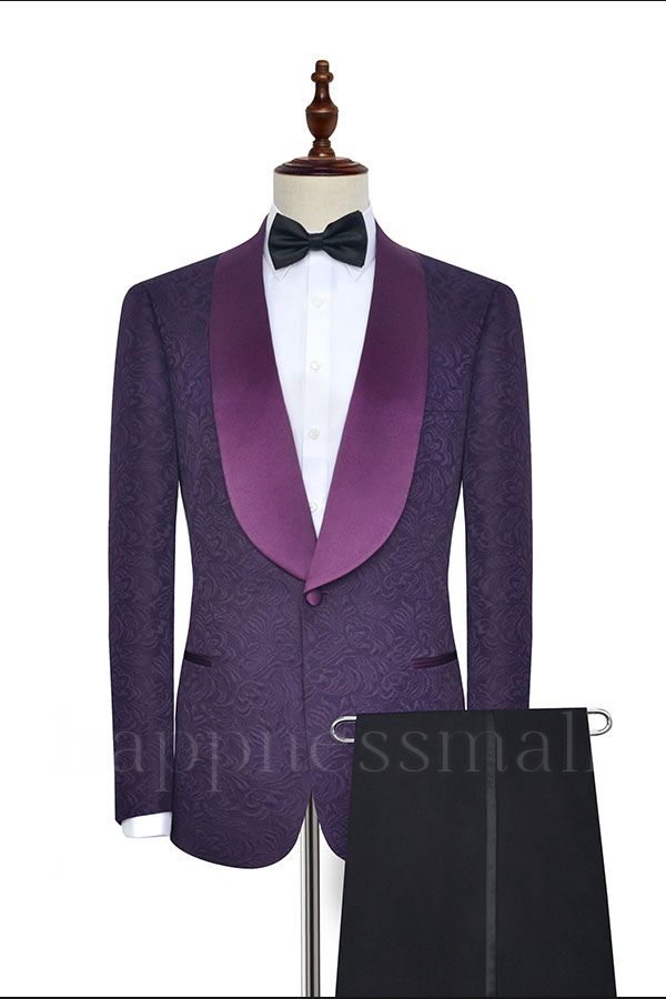 Hamness Dark Purple Silk Shawl Lapel One Button Wedding Tuxedos |  Jacquard Prom Suits For Men