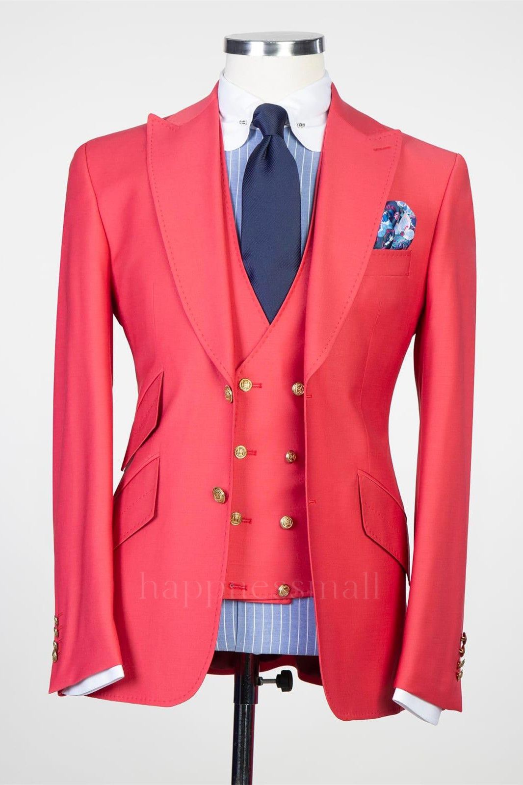 Modern Red Three Pieces Peaked Lapel Prom Suits for Men