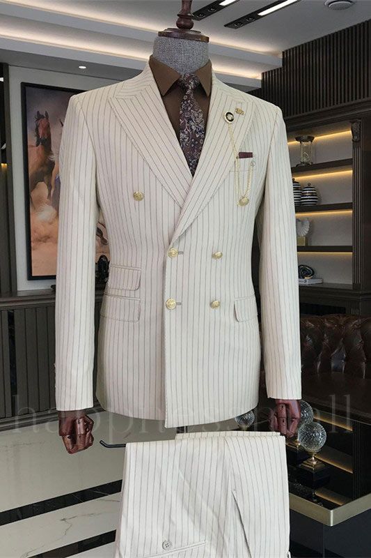 Stylish White Double Breasted Two Piece Striped Prom Men Suits | Happnessmall