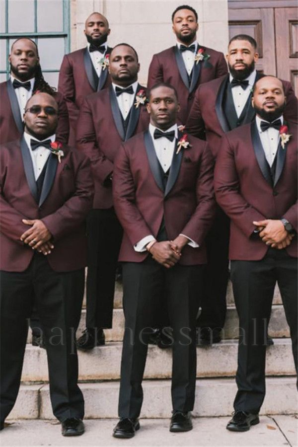 Caspian Burgundy Popular Shawl Lapel 3 Pieces Wedding Groomsmen Suits