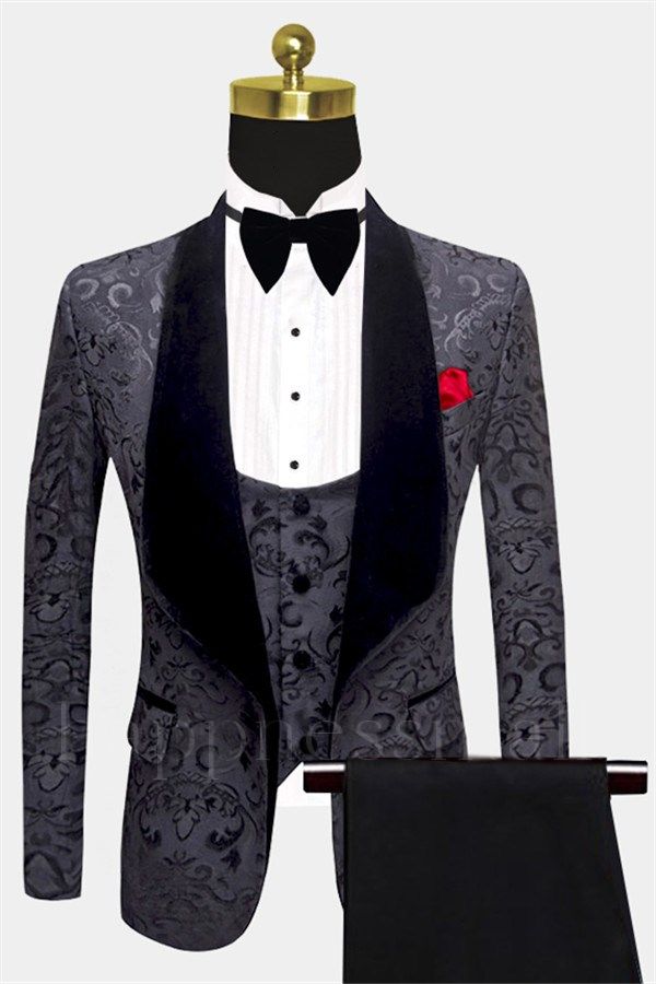 Gorgeous Black Jacquard Men Suits with 3 Pieces |  Dinner Suits for Prom