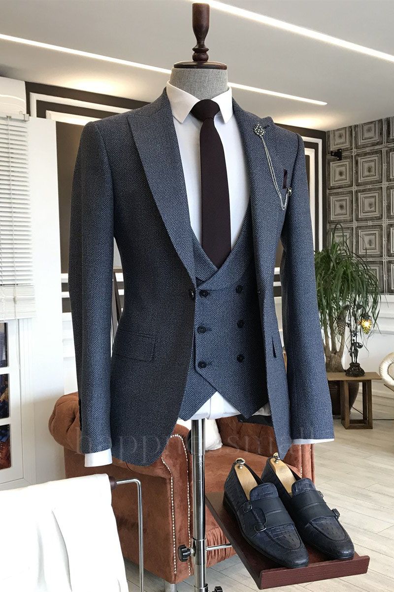 Vasilis Formal Dark Blue Plaid 3-Pieces Peaked Lapel Slim Fit Business Suits
