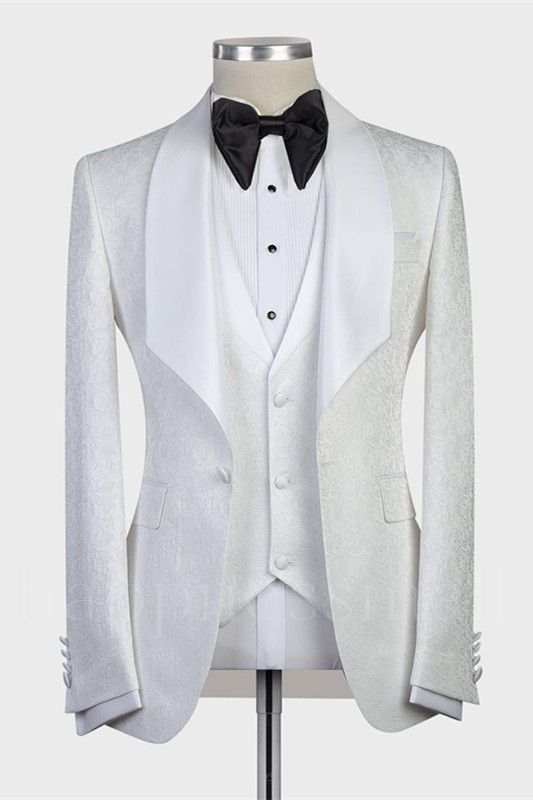 Emma White Jacquard Shawl Lapel Three-Pieces Wedding Tuxedo