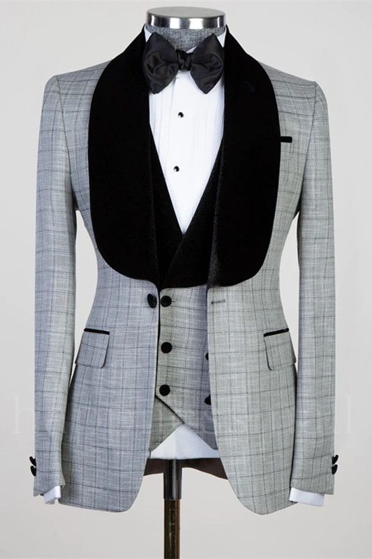 Tassos Chic Gray Plaid Three Pieces Men Suits for Wedding