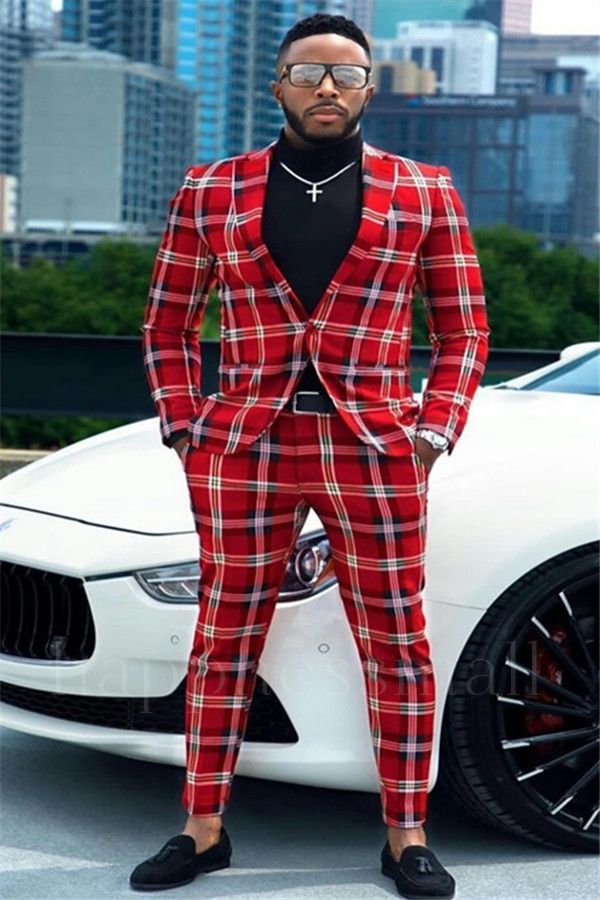 Zephyrus Smart Red Plaid One Button Formal Business Men Suits