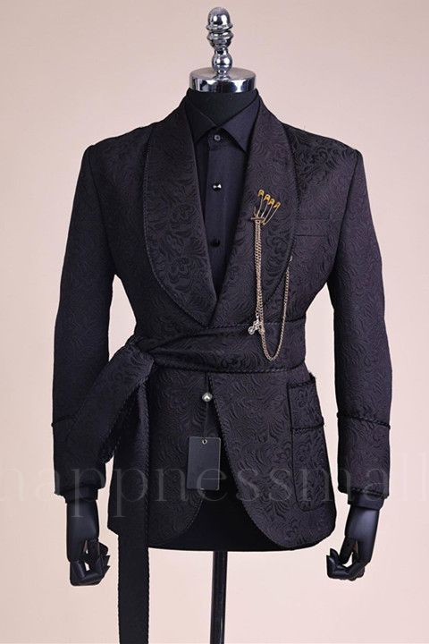 Chic Black Jacquard Shawl Lapel Best Fitted Wedding Groom Suits | Prom Suits with Belt