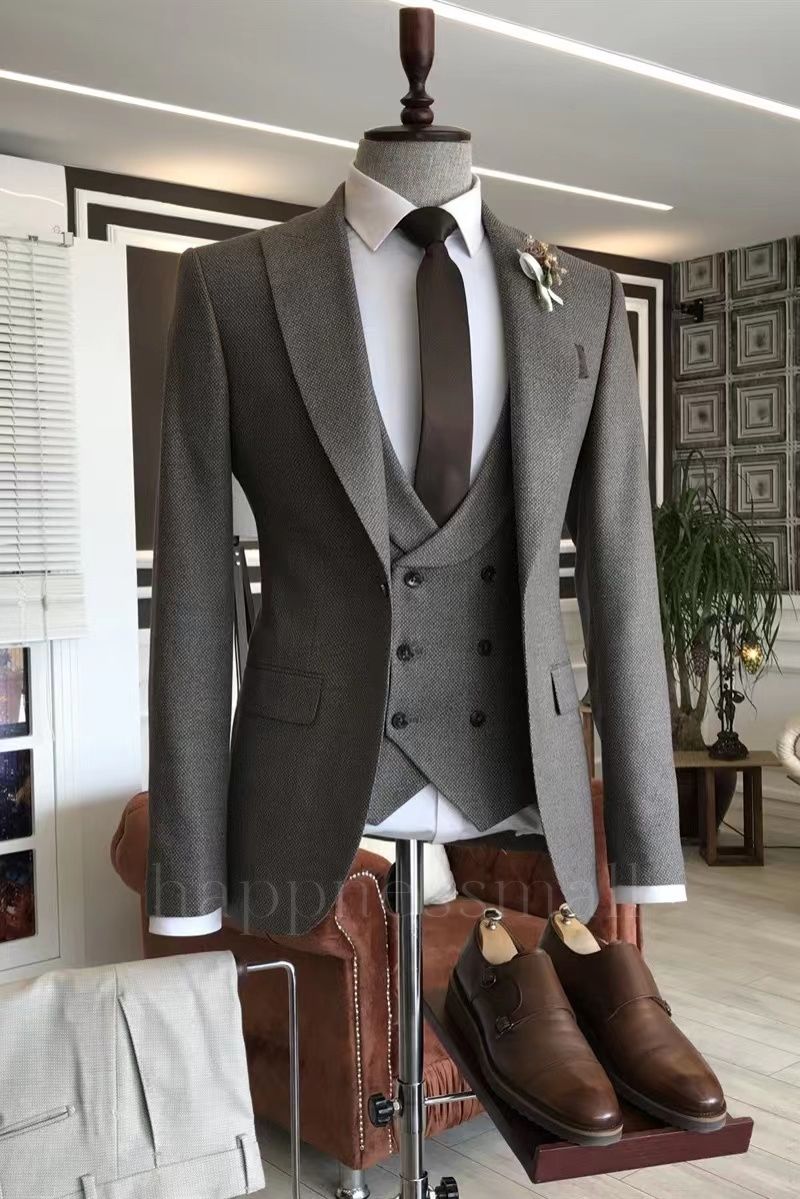 Xenia Modern Brown Small Plaid 3-Pieces Peaked Lapel Business Suits For Men