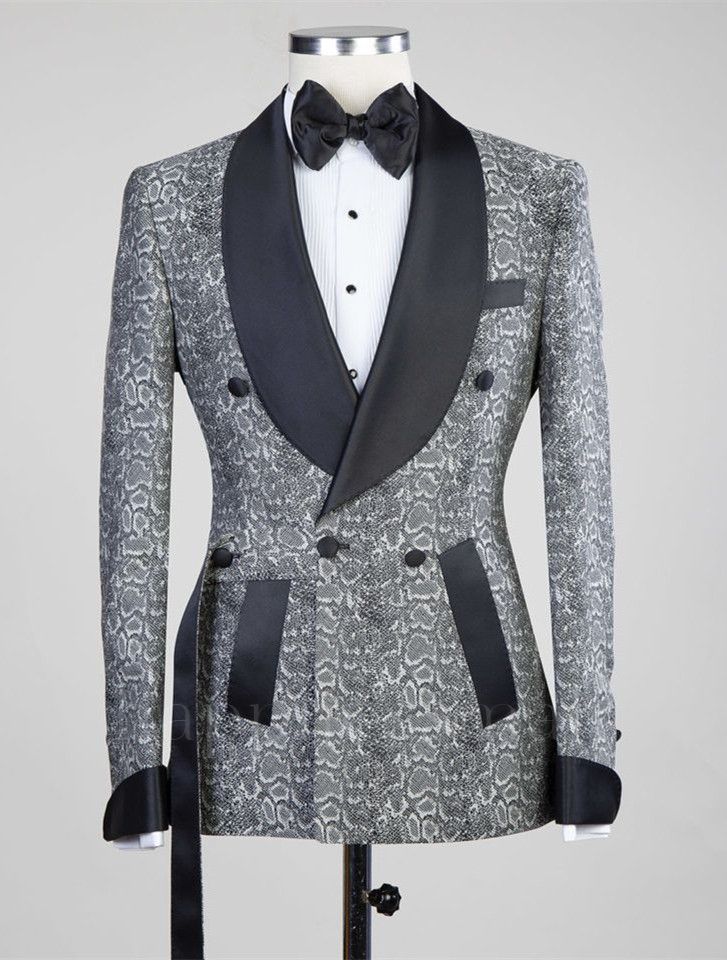 Advanced Gray Double Breasted Jacquard Wedding Men Suits with Black Lapel