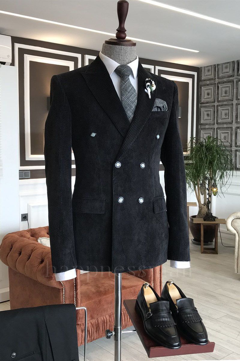 Classical All Black Peaked Lapel Double Breasted Velvet Business Men Suits
