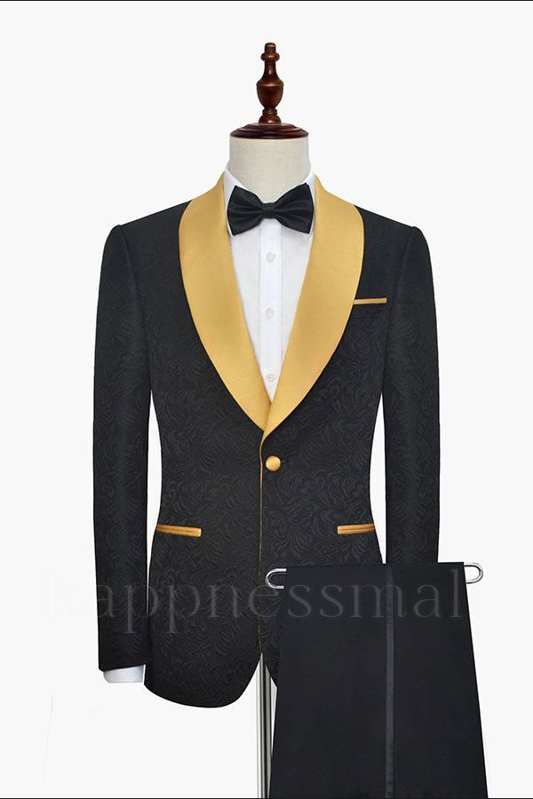 Magnus Gold Shawl Lapel One Button Wedding Tuxedo | Black Jacquard Thaddeus Prom Suits
