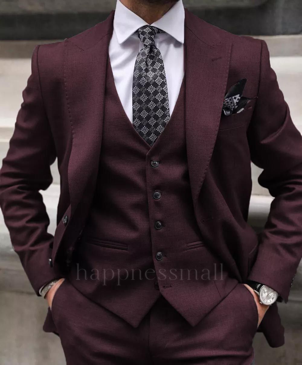 Best Burgundy 3 Pieces Peak Lapel Men Suits | Happnessmall