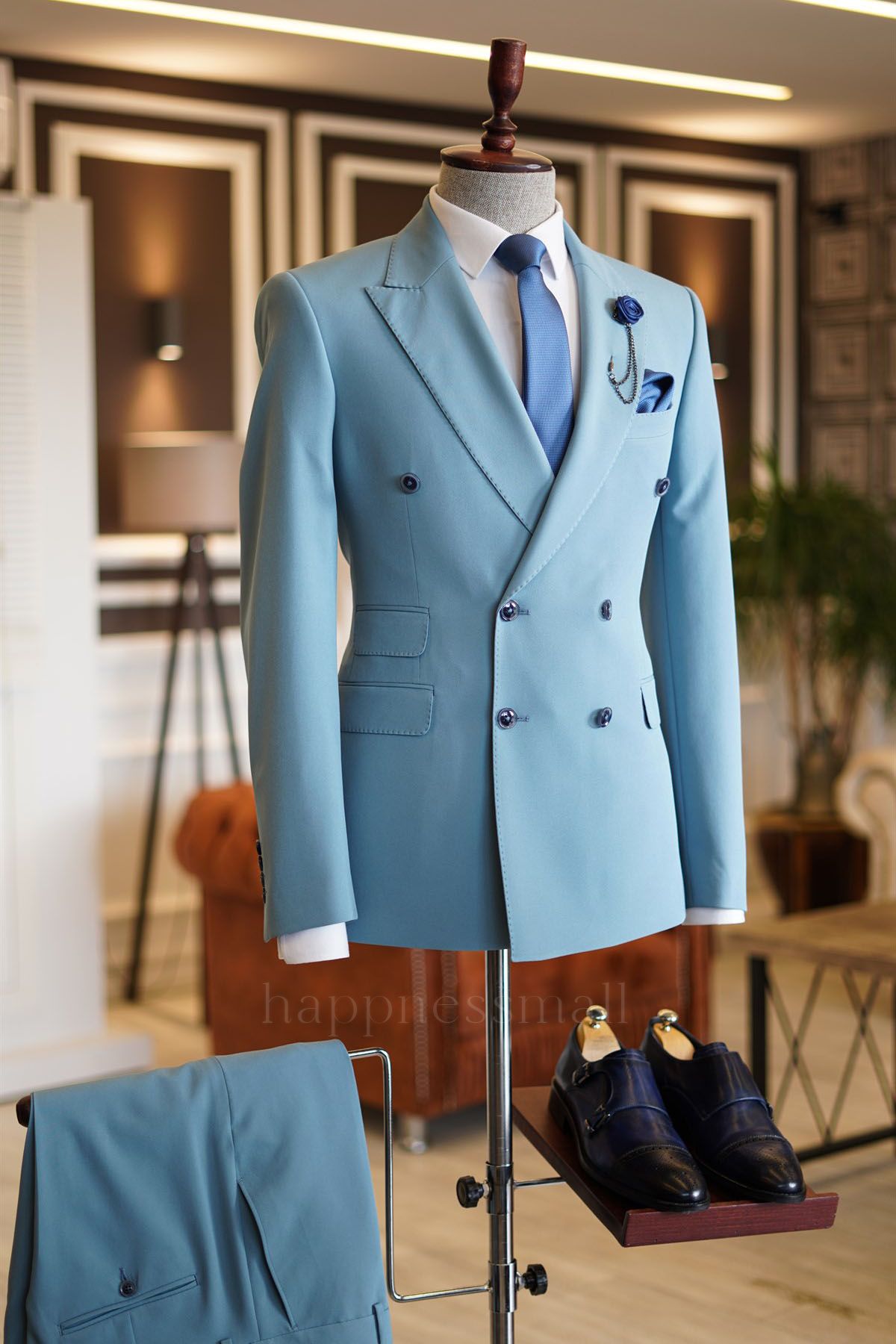 Elegant Sky Blue Peaked Lapel Double Breasted Bespoke Prom Men Suits  | happnessmall