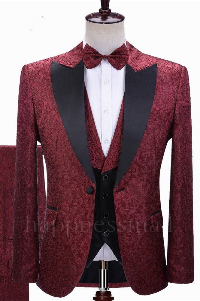 Burgundy pointed lapel jacquard three piece set | Men's wedding set