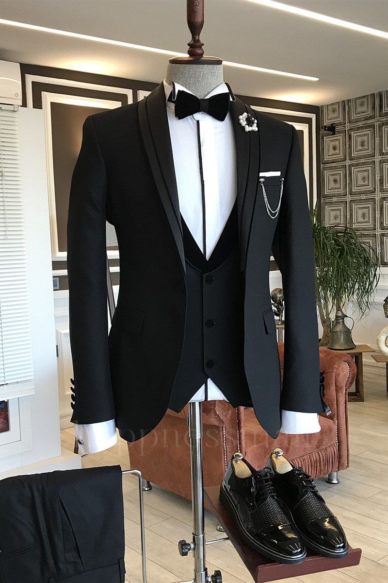 Patricia Classic Black Shawl Lapel 3-pieces Men's Wedding Suit
