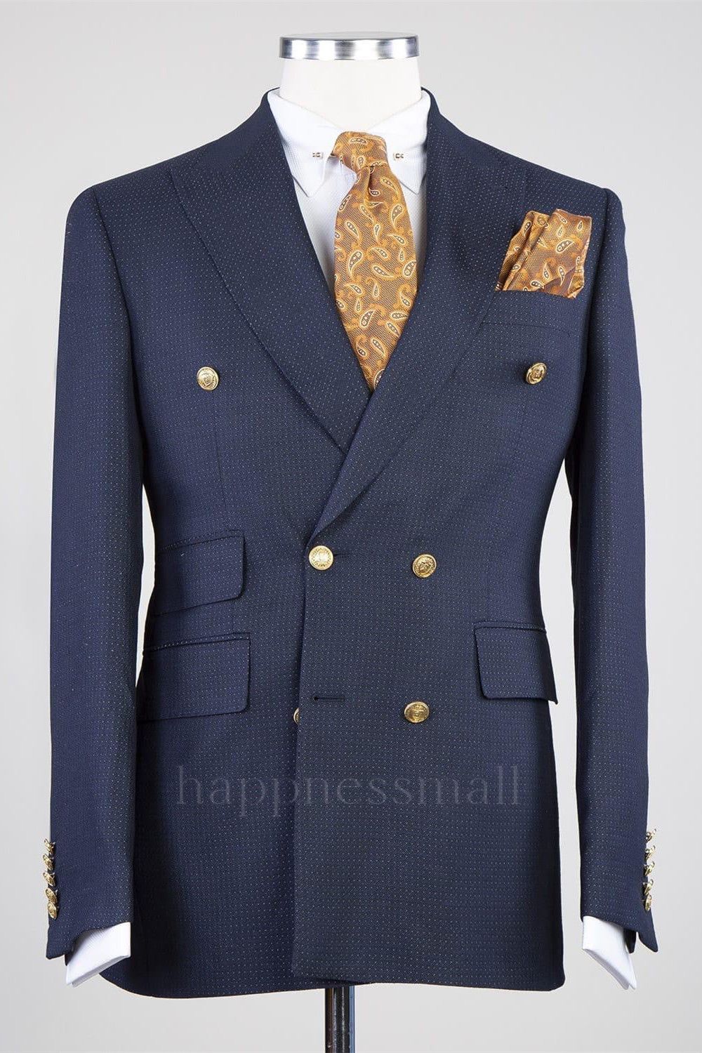Stylish Navy Peaked Lapel Double Breasted Busibess Men Suits