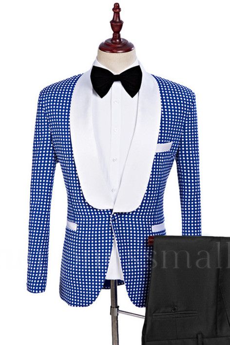 Blue Shawl Lapel Polka Dot One Button Wedding Tuxedo for Men | happnessmall