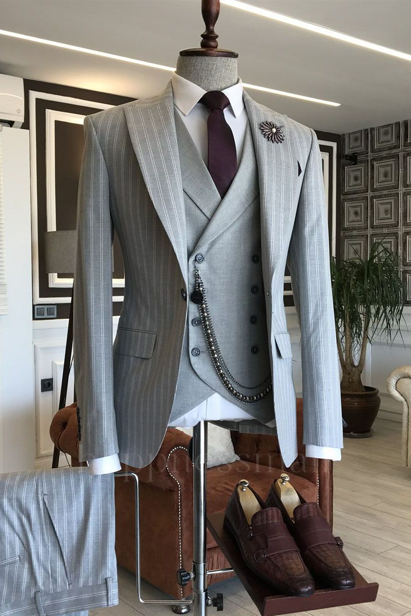 Newest Gray Striped Peaked Lapel 3-pieces Men Suits For Business | Happnessmall
