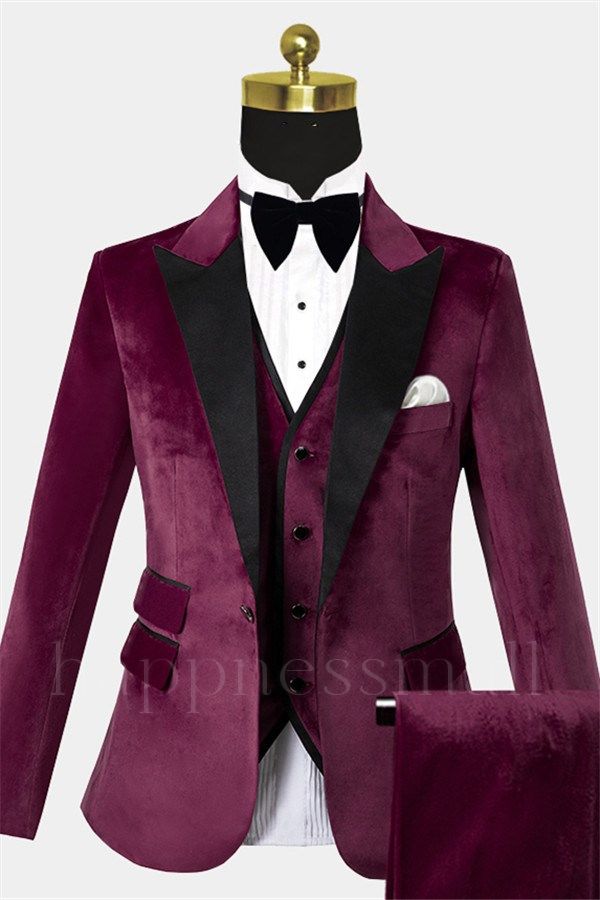 Jaxon Newest Burgundy Velvet Three Pieces Tuxedo | Peak Lapel Prom Men Suits