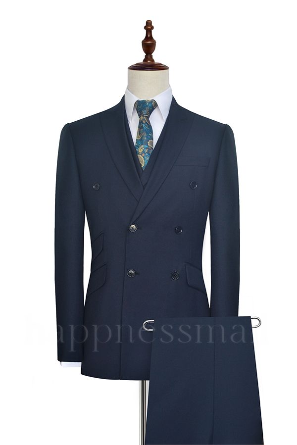 Classical Lapel Double Breasted Business Mens Suits for Formal | Three Piece Dark Navy Suits for Men