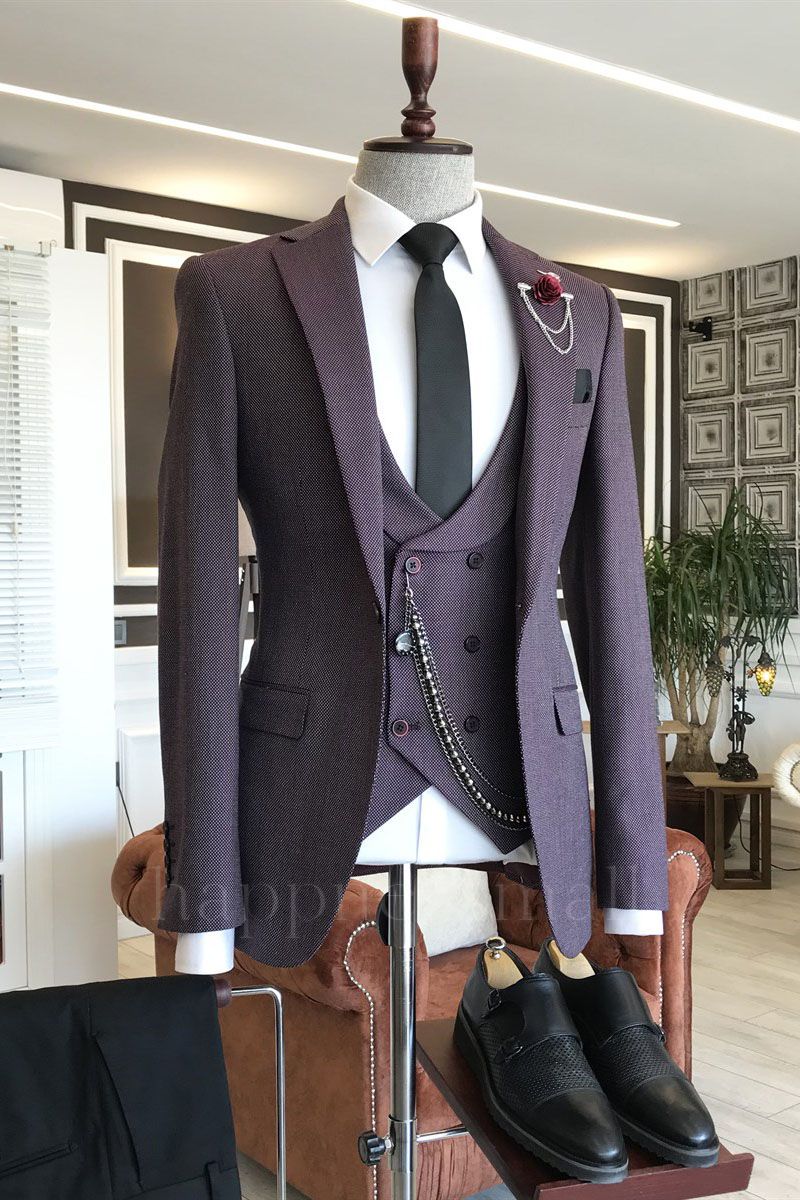 Krogan Gentle Dark Purple Peaked Lapel Double Breasted Waistcoat Business Suits For Men