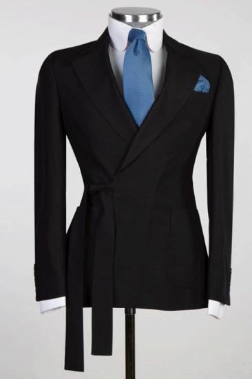 Chic Black Notched Lapel Two Pieces Prom Suits With Belt | Happnessmall_1