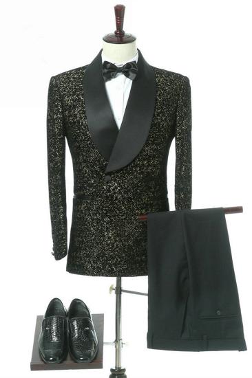 Unique Black Slim Fit Shawl Lapel Double Breasted Wedding Groom Suits