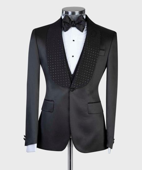 Customized men's high-quality wedding set with black lapel and one button_4