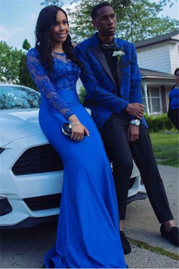 Popular Royal Blue Jacquard Prom Men's Suits with Black Lapel_1